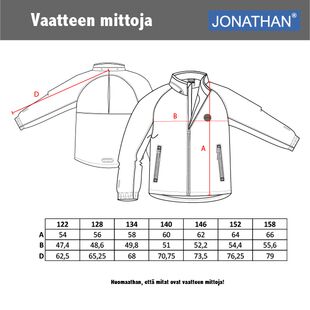 Jonathan softshell-takki, D-mitoitus